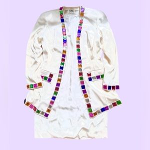 Vtg 80s NiteLine White Dress & Blazer 2 Pc Set Candyland Jewels Colorful Sz 8